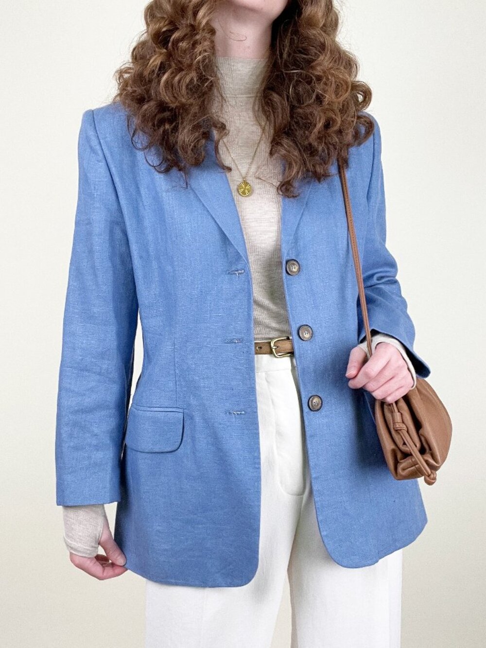 Vintage French 100% Linen Oversized Blazer Jacket Coat Preppy Long Scandinavian